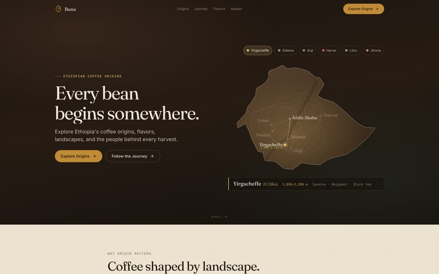 The Buna landing page: a dark editorial layout headed “Every bean begins somewhere” beside a hand-drawn map of Ethiopia with six selectable coffee regions and a Yirgacheffe detail card.