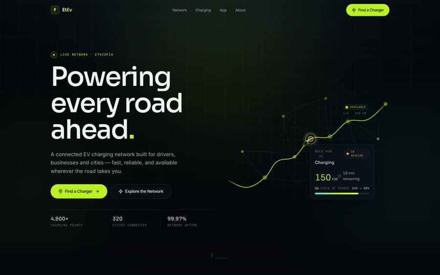 The EtEv landing page: a dark interface with the headline “Powering every road ahead” beside a live charging-session card and a map of connected stations.