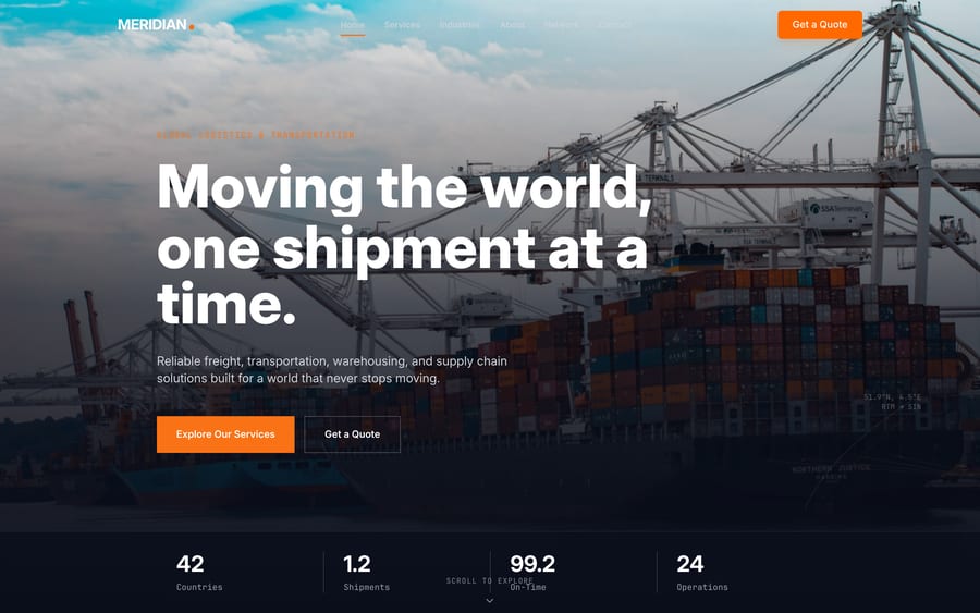 The Meridian Logistics landing page: a container terminal photograph under the headline “Moving the world, one shipment at a time”, with freight, warehousing and supply-chain calls to action.